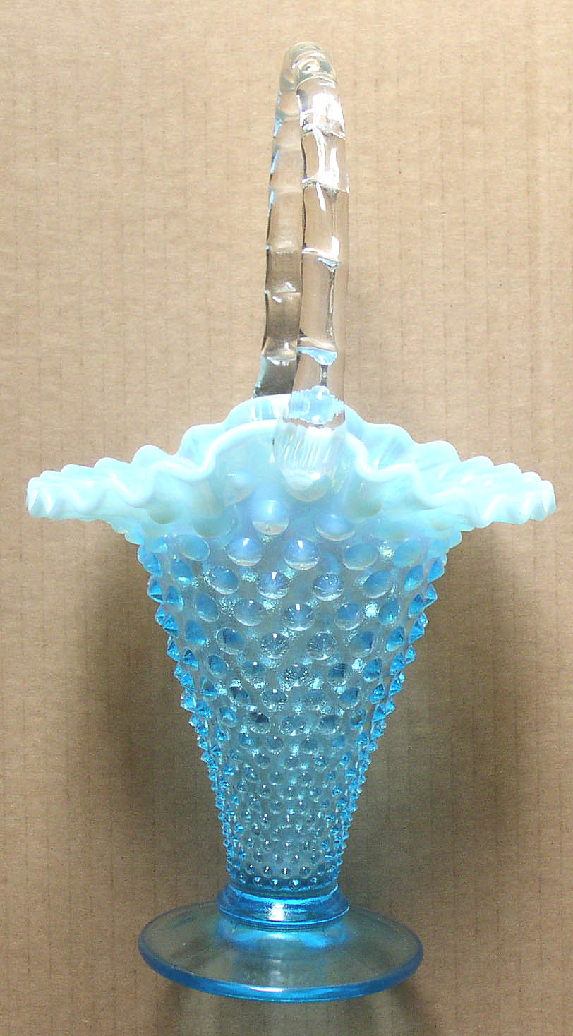 Fenton Blue Opalescent Tall Hobnail Basket 1940s Thingery Previews Postviews And Thoughts