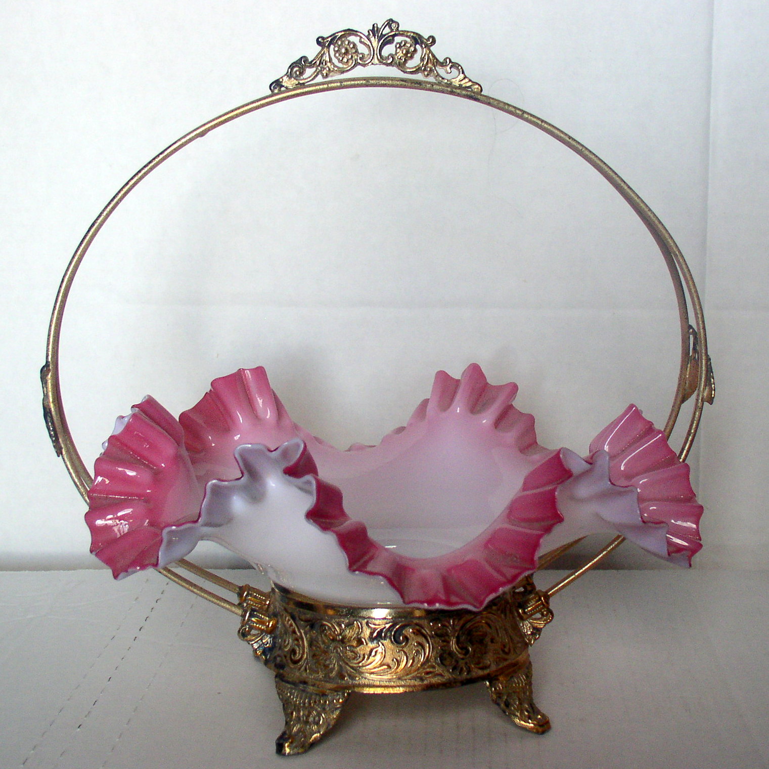 Antique Victorian Rose Pink Ruffled Glass Brides Basket Silverplate Handled Frame Thingery